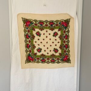 Cream Floral Square Scarf with Pink and Green Motif